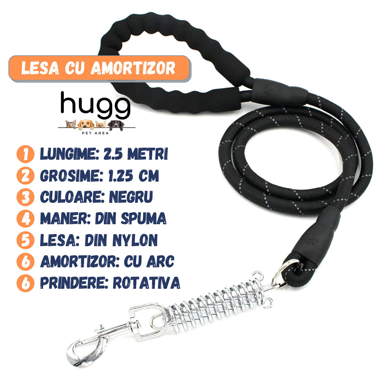 Lesa cu Arc Amortizor HUGG®, 136 cm, pentru Caini, Multicolor